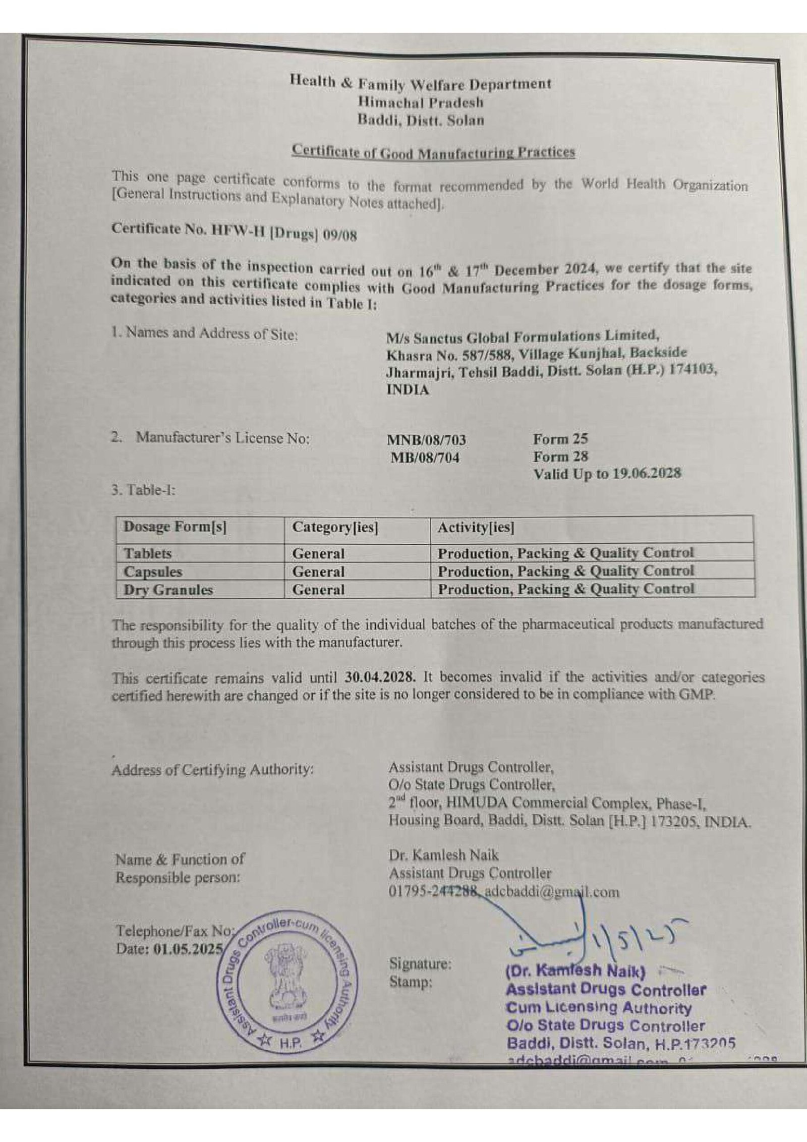 WHO GMP certificate